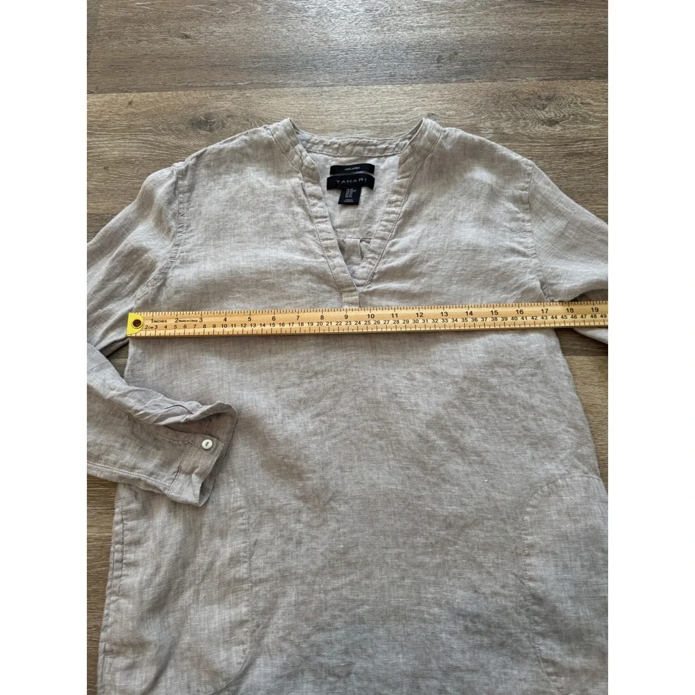 Tahari Womens XS 100% Linen Tunic Dress Oatmeal Beige Roll Tab Sleeve Pockets - Picture 5 of 7